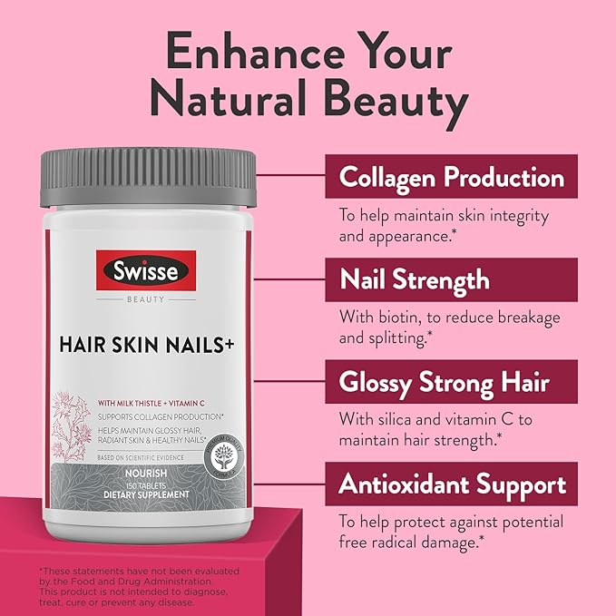 Swisse Biotin Hair Skin and Nails Collagen Supplement for Women & Men | Milk Thistle, Biotin, Vitamin C, Zinc, Iron | Supports Hair Growth Production | 150 Tablets