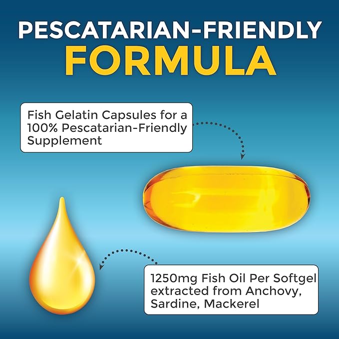 Omega 3 Fish Oil Supplement - 2500 mg Triple Strength Fish Oil Pills with Re-Esterified Omega 3 Fatty Acids Including EPA, DHA DPA - 180 Pescatarian-Friendly Softgels