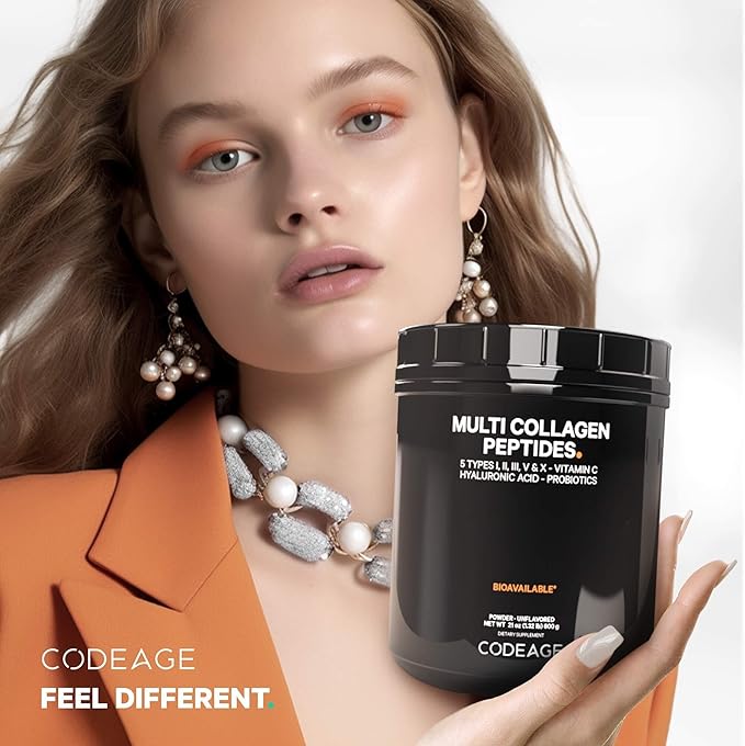 Codeage Multi Collagen Peptides + Probiotics Black Edition, Vitamin C, Hyaluronic Acid Powder Supplement, Grass-Fed, Pasture-Raised, Hydrolyzed, Zero Carbs, Type I, II, III, V & X, Unflavored, 21oz