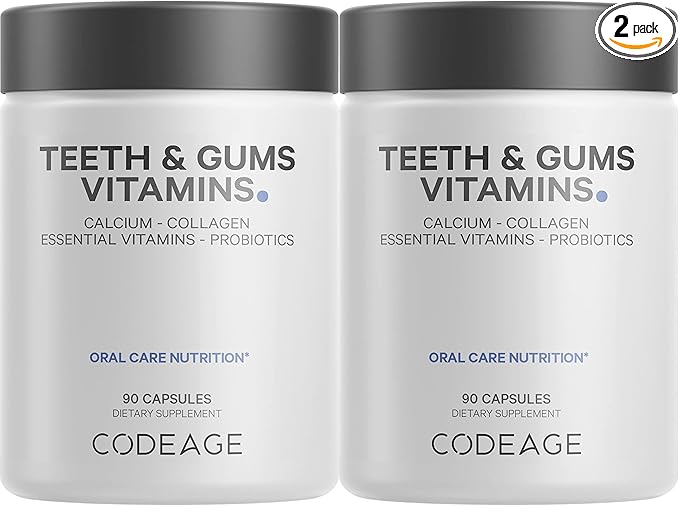Codeage Teeth & Gums Vitamins + Oral Probiotics Supplement for Mouth - Whole Food Calcium, Collagen, Potassium, Vitamin C, D3, K2, Zinc – Oral Care & Dental Multivitamin Supplements - 2 Pack