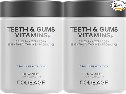 Codeage Teeth & Gums Vitamins + Oral Probiotics Supplement for Mouth - Whole Food Calcium, Collagen, Potassium, Vitamin C, D3, K2, Zinc – Oral Care & Dental Multivitamin Supplements - 2 Pack