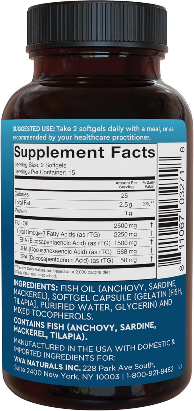 Viva Naturals Triple Strength Omega 3 Fish Oil Supplement - 2500 mg Fish Oil with Re-Esterified Omega 3 Fatty Acids Including EPA, DHA DPA - 30 Pescatarian-Friendly Softgels