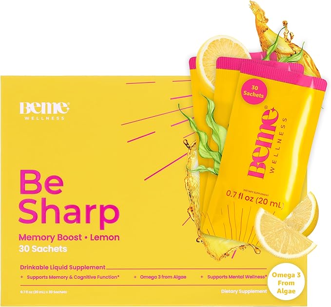 BeMe Vegan Omega-3 Liquid Supplement for Adults, BeSharp - Algae Omega 3 DHA Supplements for Women & Men - Drinkable Supplement Supports Memory, Concentration, & Cognitive Function (30 Sachets)