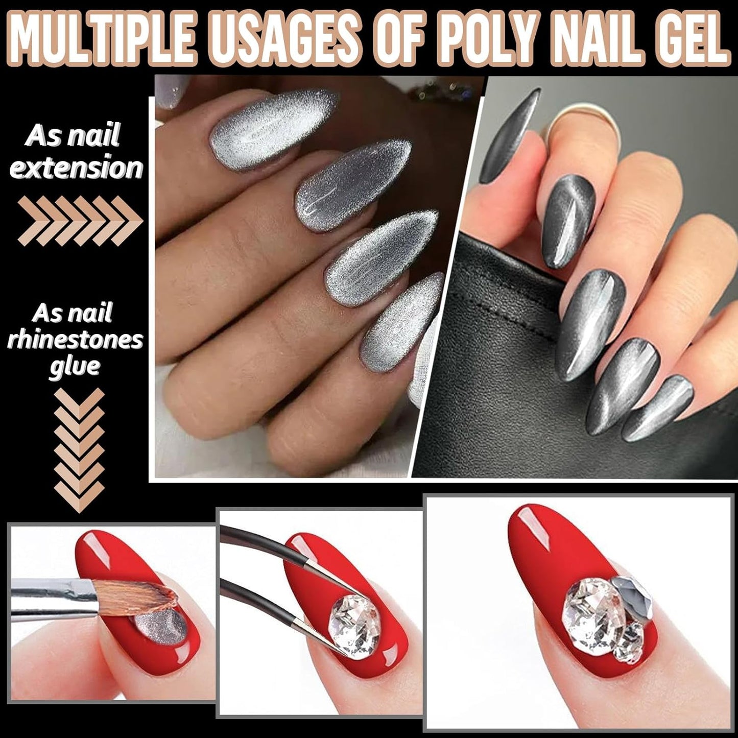 EBANKU Poly Gel 60g, Silver Cat Eye Builder Nail Extension Enhancement Gel for Beginner & Professional Nail Art Salon DIY at Home