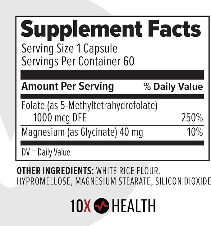 10X Health 5 MTHF Supplement - Methylated Multivitamin with Methylfolate & Magnesium for Brain, Heart Health, DNA & Neurotransmitter Synthesis - Bioavailable 5-MTHF Supplement - 60 Capsules