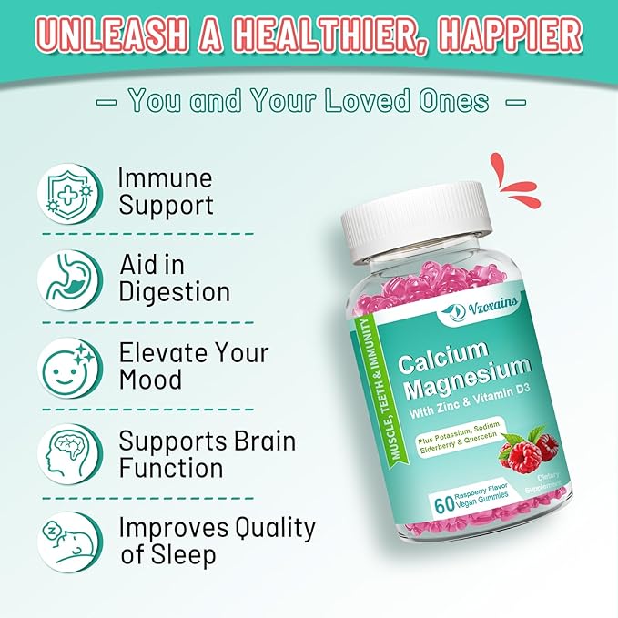 Calcium Magnesium Zinc Gummies with Vitamin D3, Sugar Free Calcium Magnesium Supplement for Bone & Teeth Strength, Muscle Function - Vegan, Raspberry Flavor, 120 Count