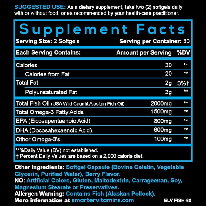 (2 Pack) Smarter Omega 3 Fish Oil, Berry Flavor, Burpless, Tasteless, 2000mg, Potent Triple Strength DHA EPA Brain OMEGA3, Joint & Heart Support, Made with AlaskOmega®