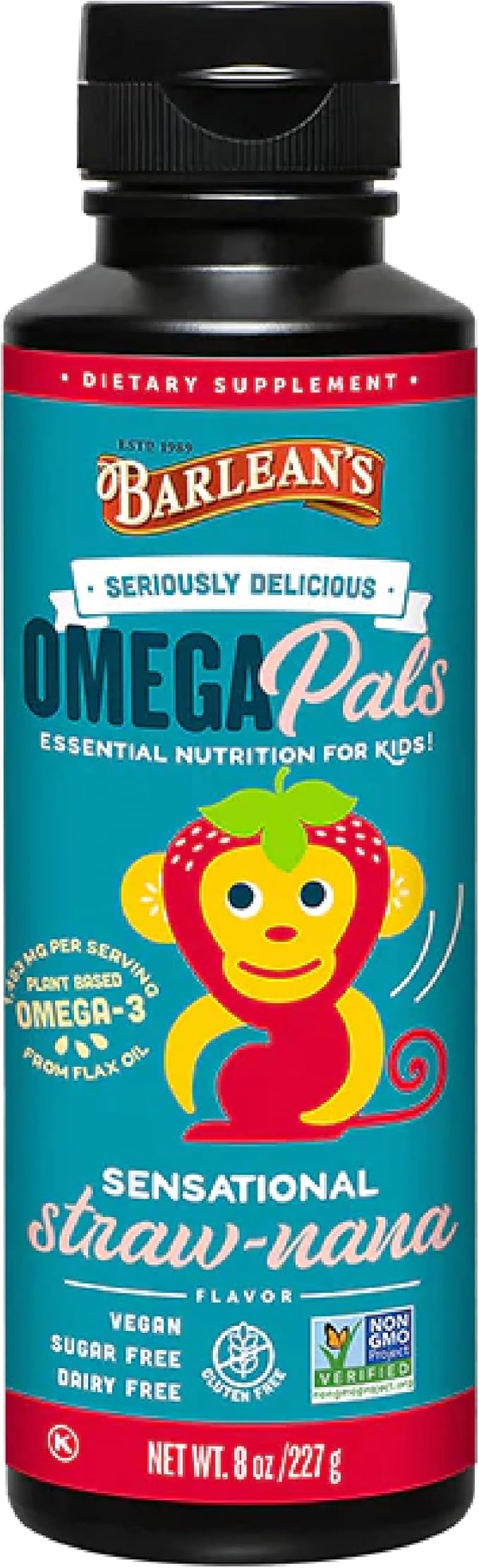 Barlean's Omega Pals Omega 3 for Kids, Yummy Straw-Nana Flavored Children's Liquid Flax Seed Oil Supplement with 1,483 mg ALA, Non-GMO, Vegan Brain & Eye Health, 8 oz