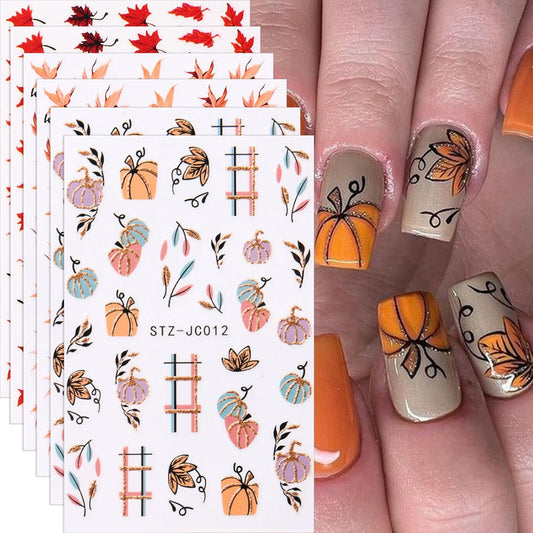 Fall Nail Stickers Maple Leaf Shiny Pumpkins Nail Decals 6PCS Self-Adhesive Autumn Leaves Cute Design Nail Art Stickers Supplies Holiday DIY Manicure Accessories for Women Nail Art Decorations
