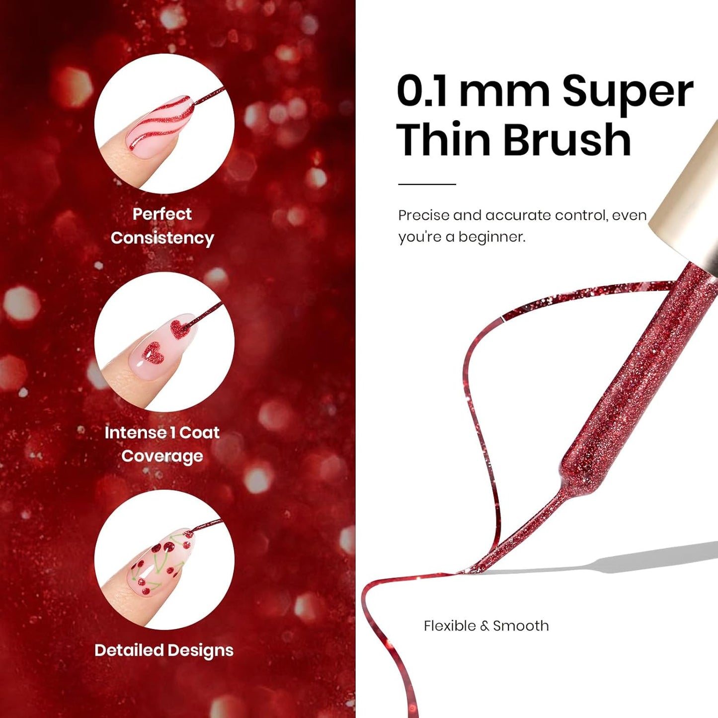 Beetles Red Cat Eye Gel Liner Nail Polish Glitter Gel Nail Art polish French Tip Swirl Nails Art Paint Soak Off UV Lamp Built Thin Nails Brush in Bottle Manicure Gifts for Women