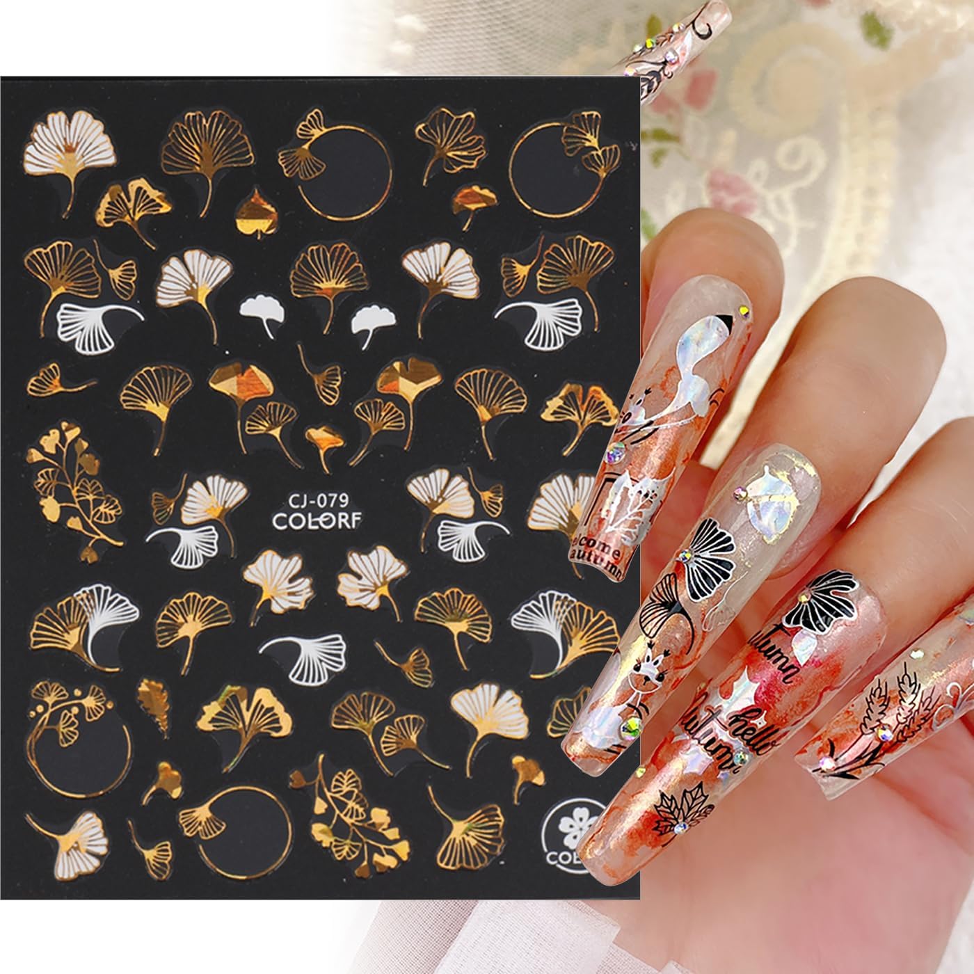 Laser Golden Fall Maple Leaves Nail Art Stickers, Maple Leaves Nail Decals 3D Self-Adhesive with Fan Blade Butterfly Squirrel Flower Design 6Pcs Nail Art Supplies for Women Nail Decoration