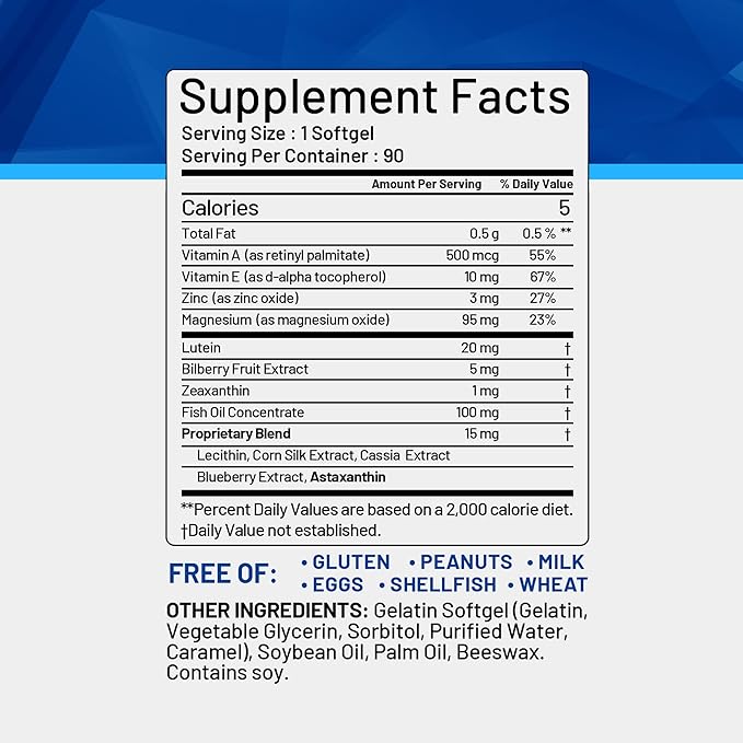 Vison Care Plus - Complete Dietary Supplement for Your Vision- Lutein 20mg, Zeaxanthin, Vitamin A, Bilberry Extract - 90 Softgels by CGM Labs