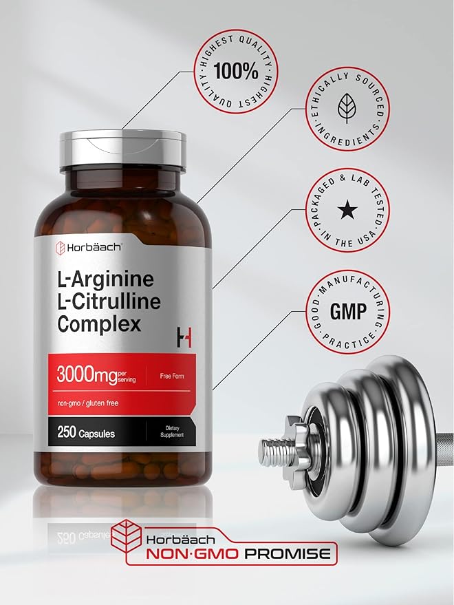 Horbäach L-Arginine L-Citrulline Complex | 3000mg | 250 Capsules | Non-GMO, Gluten Free Supplement
