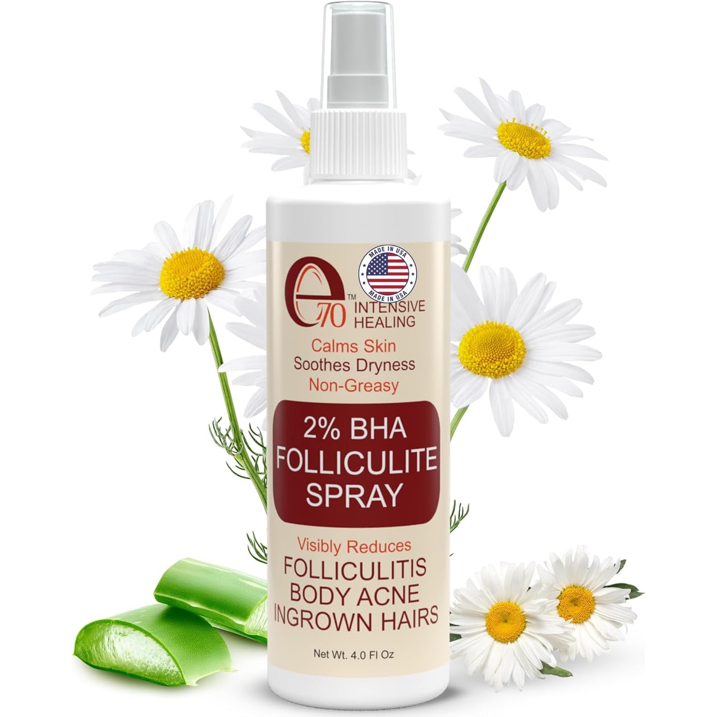 Folliculitis Treatment 2% BHA Body Spray - Salicylic Acid with Tea Tree Oil & Aloe Vera - Spray Moisturizer for Dry Skin, Clogged Pores & Irritation by Made in USA, 4 fl. oz