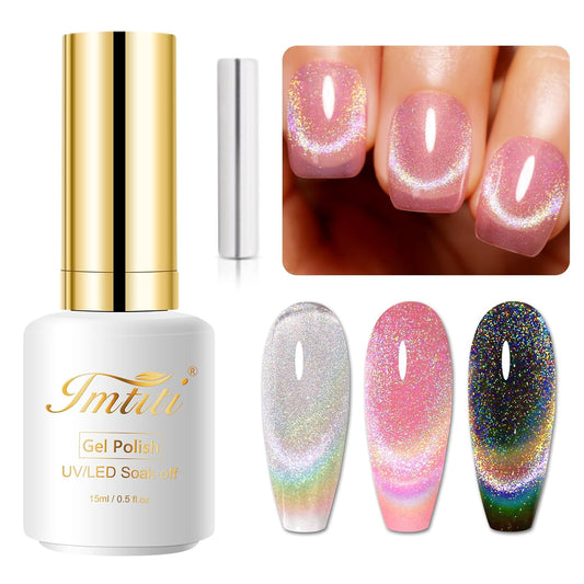 Imtiti Cat Eye Gel Nail Polish, 15ml Glitter Rainbow Holographic Gel Nail Polish with Magnet Iridescent Reflective Shimmer Translucent UV Gel Polish 0.51 Fl Oz