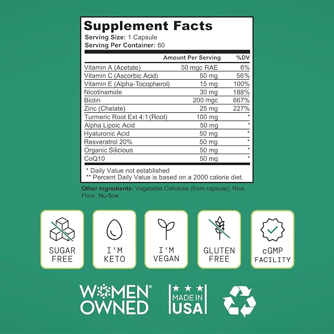 Healthy Aging Supplement for Women with Resveratrol, NAD, Collagen Booster, Biotin and More - Beauty with 12 Ingredients - USA Made, Vegan, 60 Capsules, Nutitionist formulated.