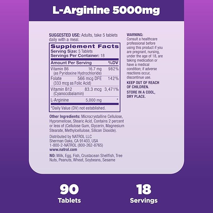 Natrol L-Arginine 5,000 mg, Dietary Supplement for Men's Health, L-Arginine Supplement, 90 Tablets, 18 Day Supply