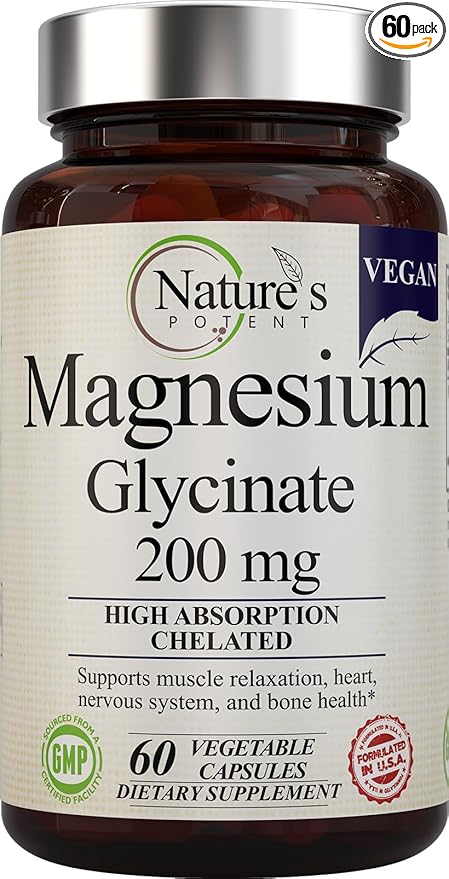 Nature's Potent Magnesium Glycinate 200mg, (High Absorption) Vegan Magnesium Glycinate Capsules Supplement for Women & Men - Chelated Magnesium Glycinate for Sleep - Magnesium for Muscle Cramps - 60ct