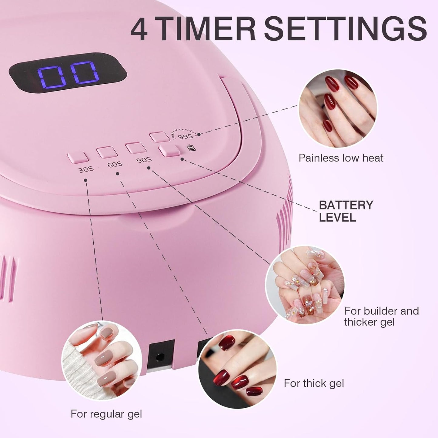 Cordless UV LED Nail Lamp 60W Rechargeable Gel Nail Lamp UV Light for Gel Nails with Auto Sensor & 4 Timer Modes Salon & Home (Pink)