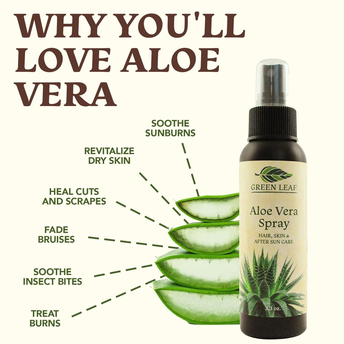 Green Leaf Naturals Aloe Vera Spray | 99% Cold-Pressed Aloe Vera Juice with Vitamin C, E & A | Hair, Skin, Facial Moisturizer, Sunburn Relief & After Sun Lotion 12oz