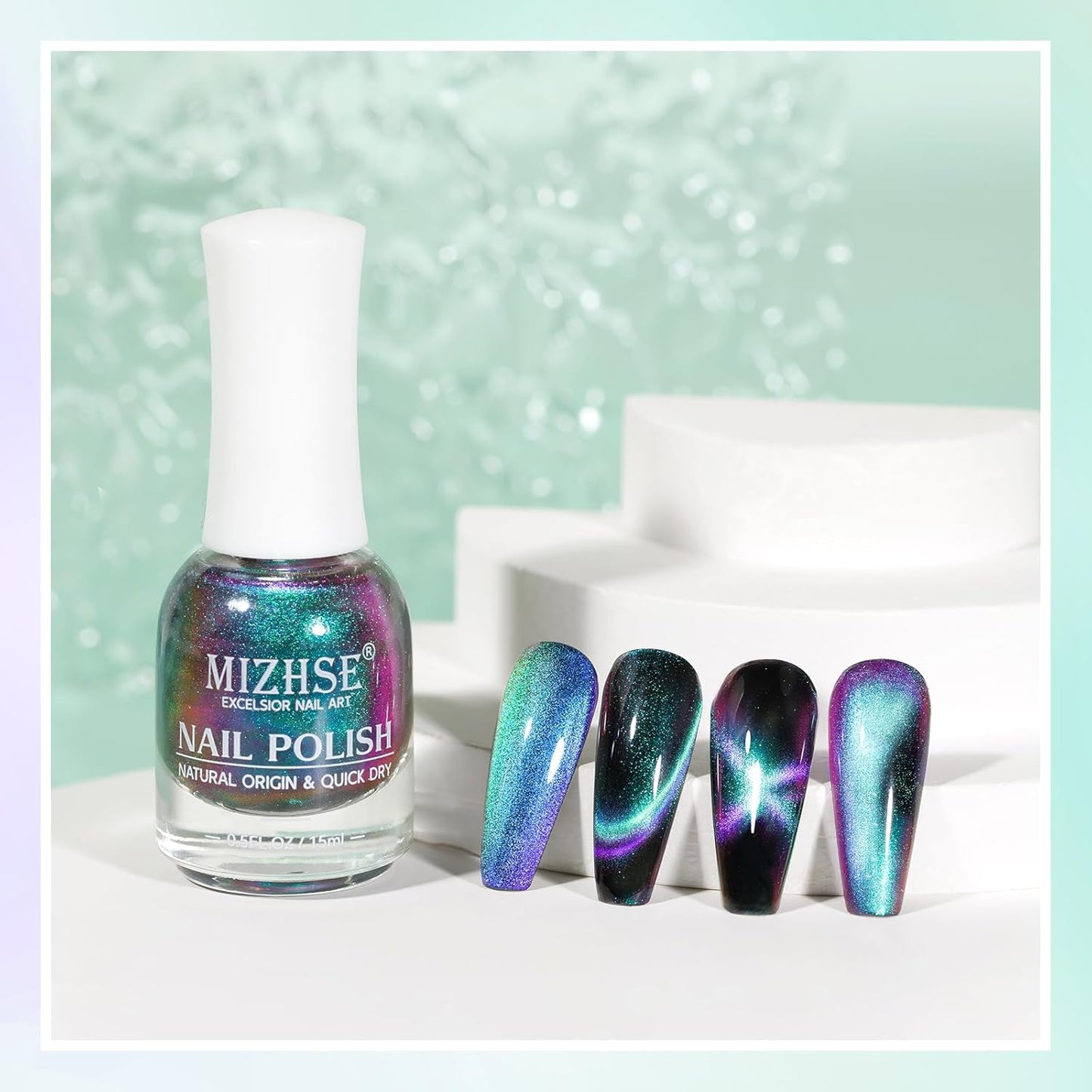 MIZHSE Quick Dry 9D Cat Eye Nail Polish Non Gel, Green to Purple Magnetic Nail Polish with Magnet, Air Drying Fast Cateye Nail Lacquer Galaxy Effect Manicure Home Gift for Women 15ml