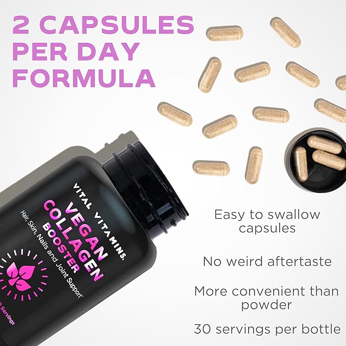 Vital Vitamins Vegan Collagen Booster - Plant Collagen Supplements - Supports Hair, Skin, Nails & Joints - with Hyaluronic Acid - 60 Capsules