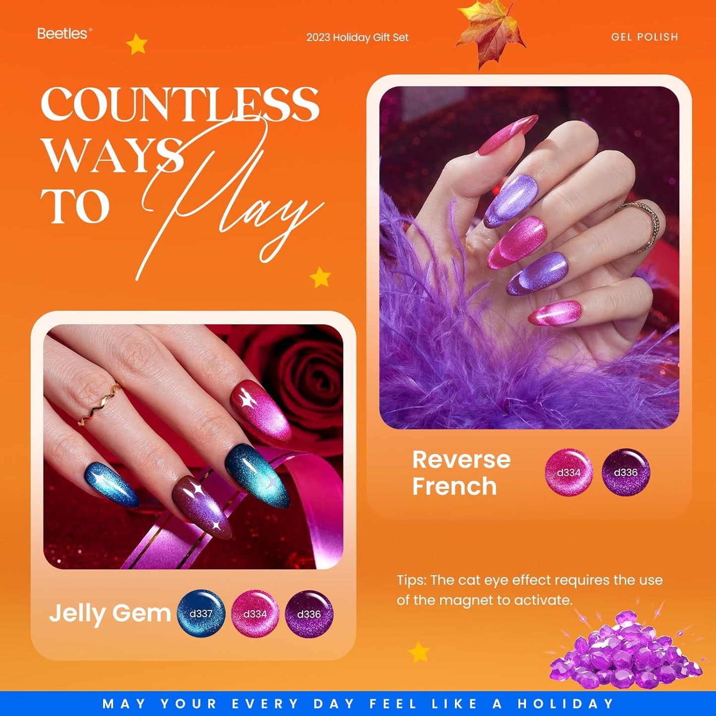 Beetles Halloween Gel Nail Polish 20 Fall Colors Cat Eye Gel Polish Set Burgundy Red Purple Orange Black with Magnet Pen Base Top Coat DIY Salon Manicured Soak Off UV Gifts for Women Gemstone Party