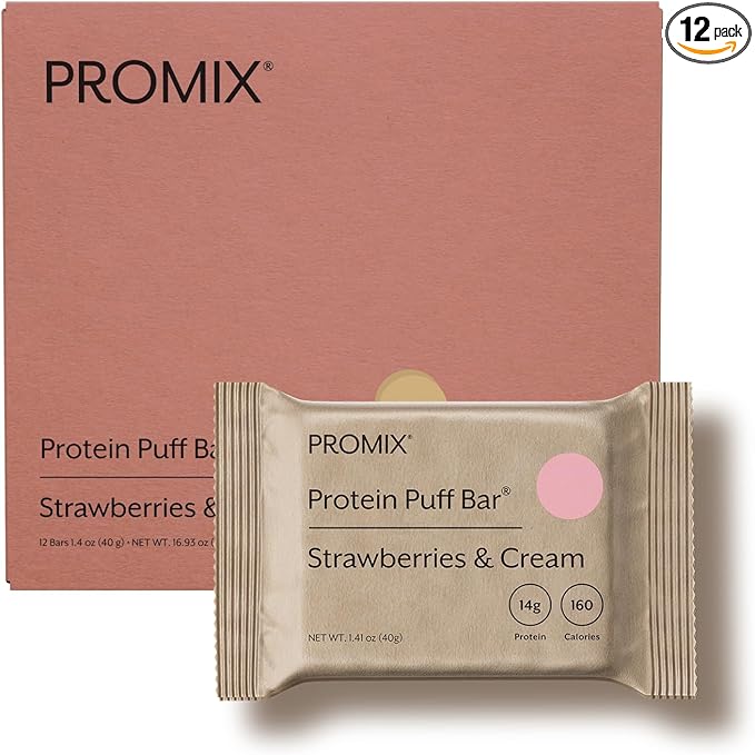 Promix Whey Protein Isolate Puff Bar, 12 Count |Low Carb Healthy Snack with Egg Whites | All Natural, Grass Fed,Gluten Free, Low Sugar, Soy Free (Strawberries & Cream)