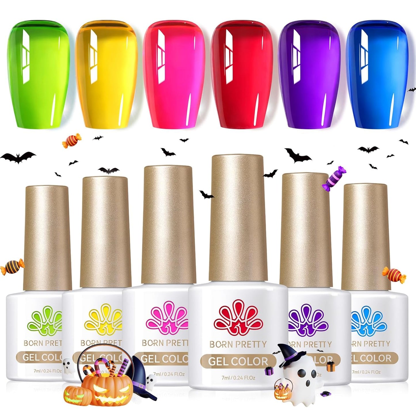 BORN PRETTY Jelly Gel Nail Polish Halloween Neon Gel Polish,Hot Pink Red Purple Blue Green Yellow 6Colors Translucent Effect,Soak Off U v LED Light Cure Nail Art Kit for Salon Manicure and DIY at Home