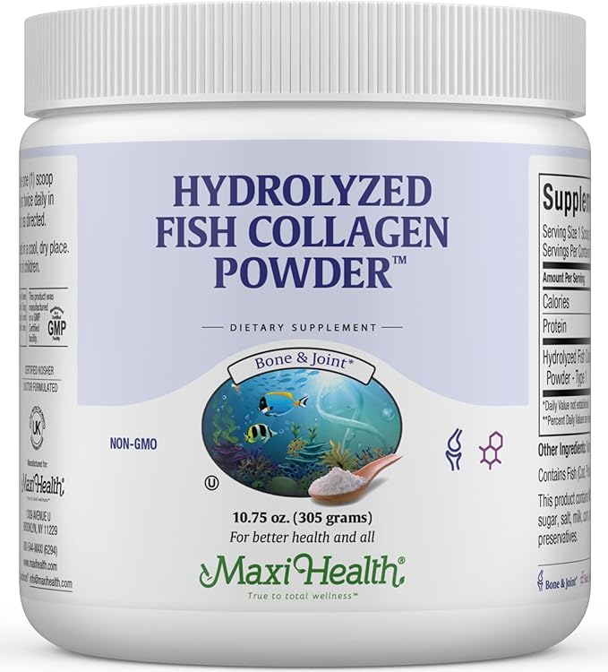 Maxi Health Collagen Powder - Collagen Protein Powder - Marine Collagen Powder for Women & Men - Type I Unflavored Fish Collagen Hydrolyzed Collagen Protein - Hair Growth & Skin Supplement (10.75 oz)