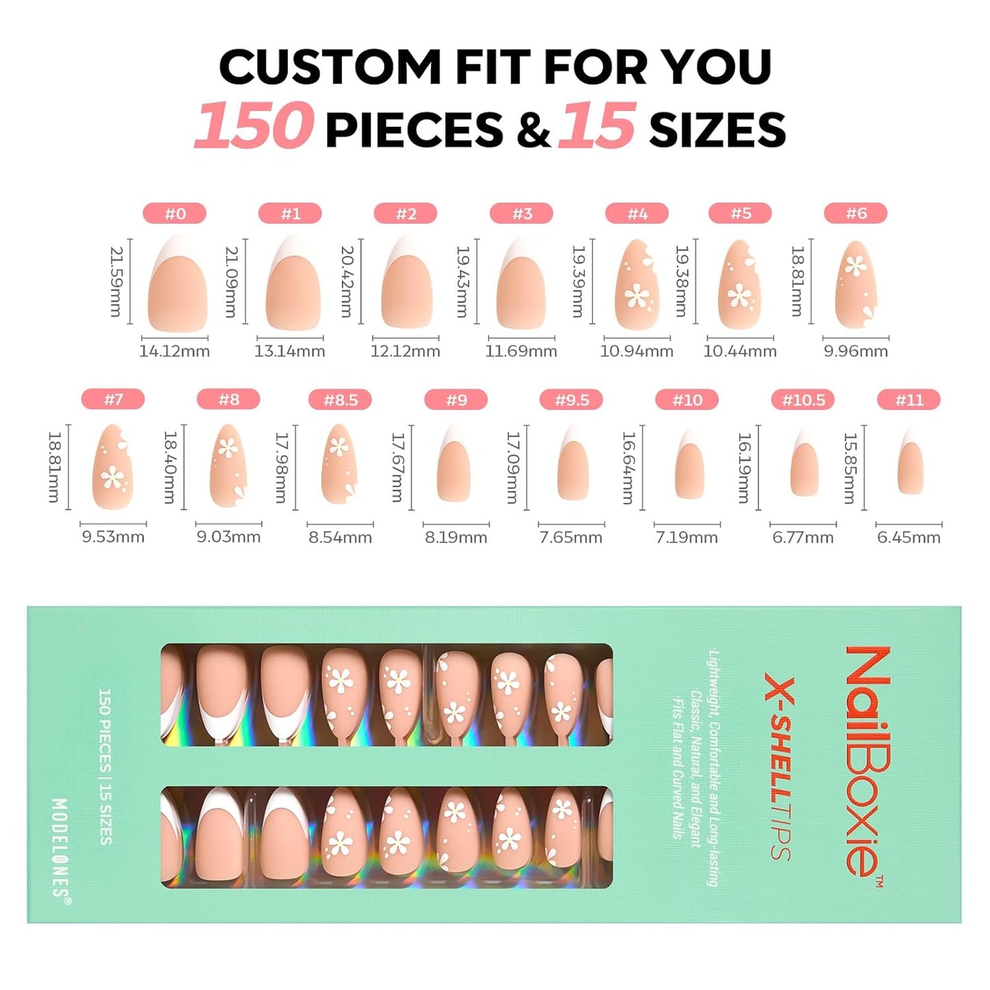 modelones Press on Nails, 150 Pcs French Tip Press on Nails, NailBoxie Brown Almond Shape Nail Tips, Natural Salon Finish Fake Nails, Ideal for Wedding, Party, Daily DIY Nail, 15 Sizes