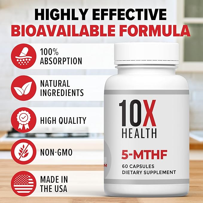 10X Health 5 MTHF Supplement - Methylated Multivitamin with Methylfolate & Magnesium for Brain, Heart Health, DNA & Neurotransmitter Synthesis - Bioavailable 5-MTHF Supplement - 60 Capsules