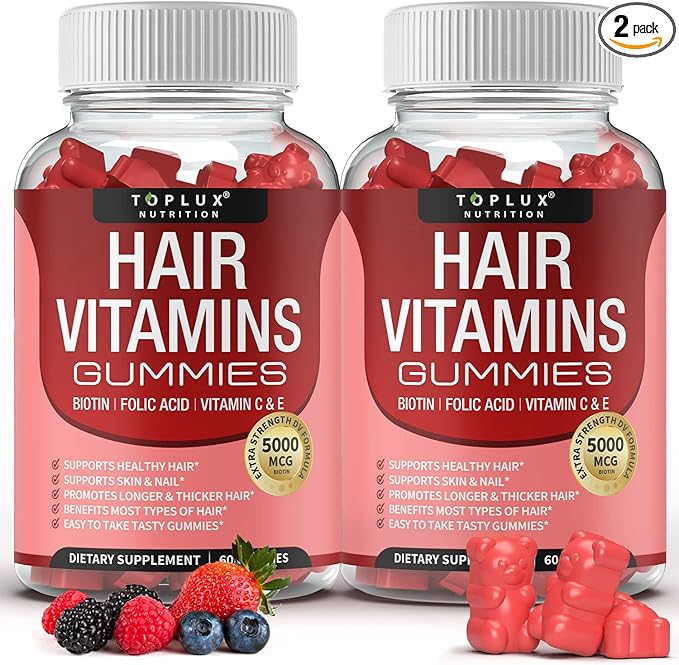 Hair Vitamins Gummies Supplement – Faster Hair Growth Gummy 5000mcg Biotin, Folic Acid, Vitamin C & E, Support Stronger & Thicker Hair, Skin, Nails, Non-GMO, for Men Women, 60 Berry Flavored Gummies