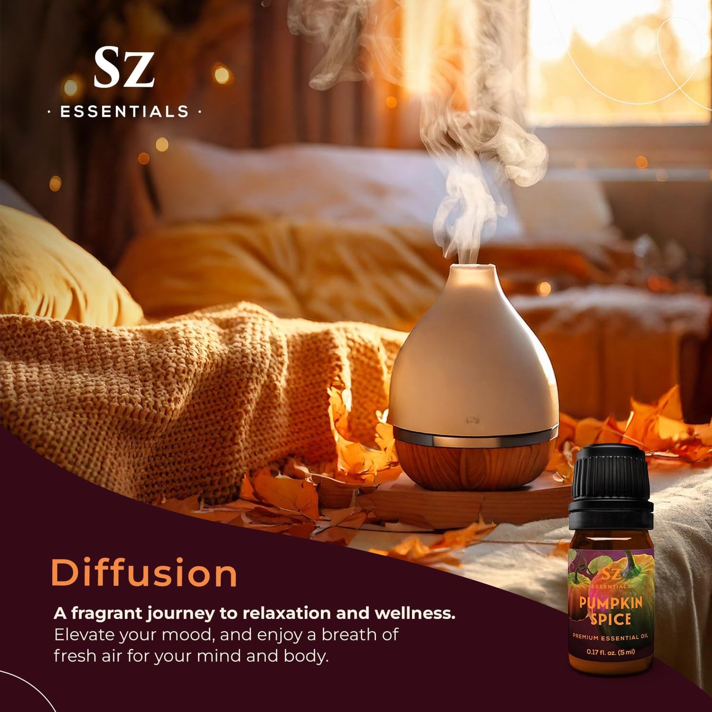 Pumpkin Spice Essential Oil Blend for Diffuser and Humidifier - 100% Pure and Natural - Rich Pumpkin Spice Scent, with Fruity and Spicy Overtones - Vegan - 0.17 floz (5 mL)