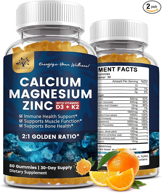 (2 Pack) Calcium Magnesium Zinc Gummies with Vitamin D3, K2, B12 & B6 for Adults, Sugar Free Magnesium Glycinate with Potassium Sea Moss Supplement, Calcium Citrate for Bone Mood & Sleep Support