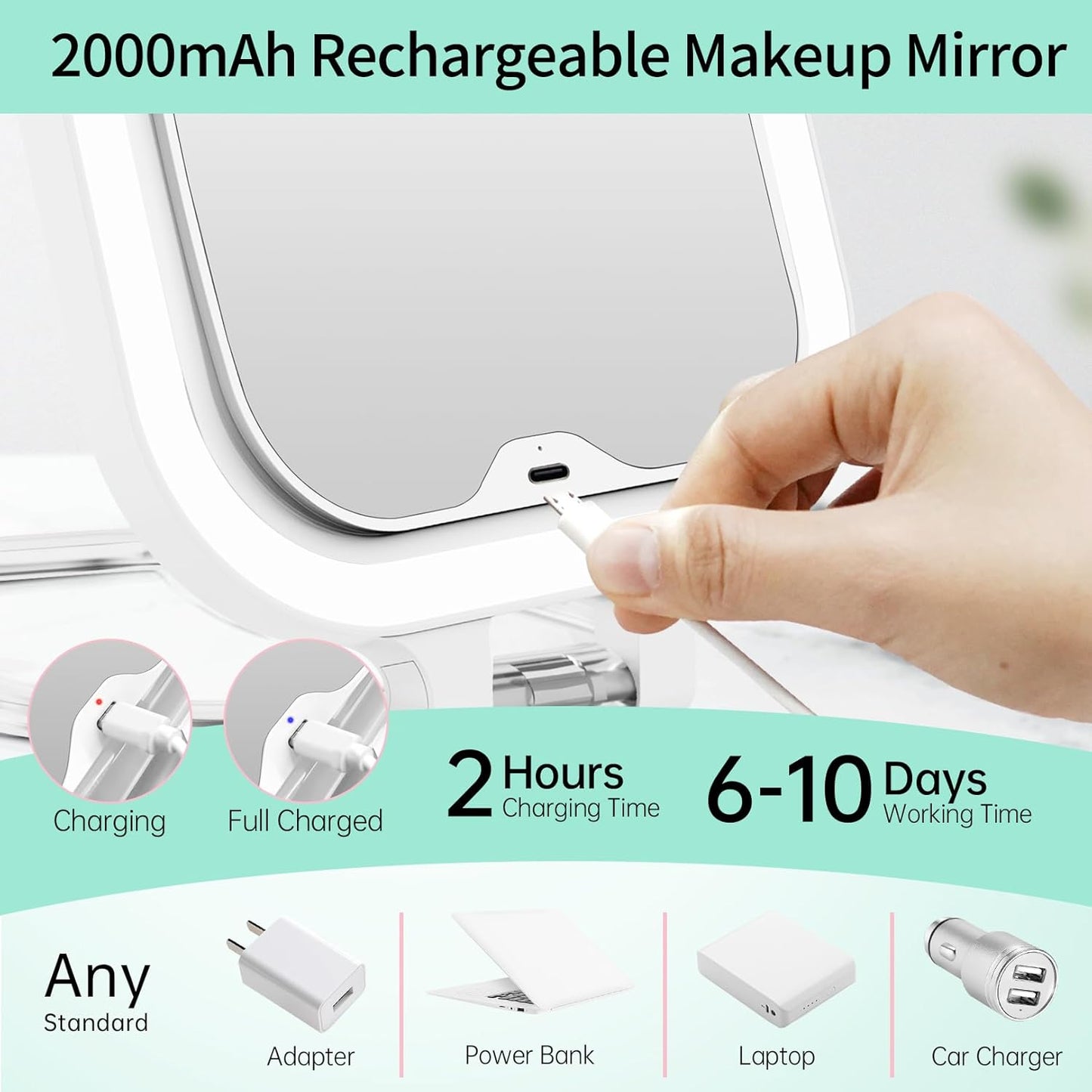 FASCINATE 10X Magnification Rechargeable Travel Makeup Mirror, Lighted Portable Vanity Mirror with 3 Colors Lighting & Stepless Dimming, Double Sided LED Mirror, Gift for Women (White+Bag)