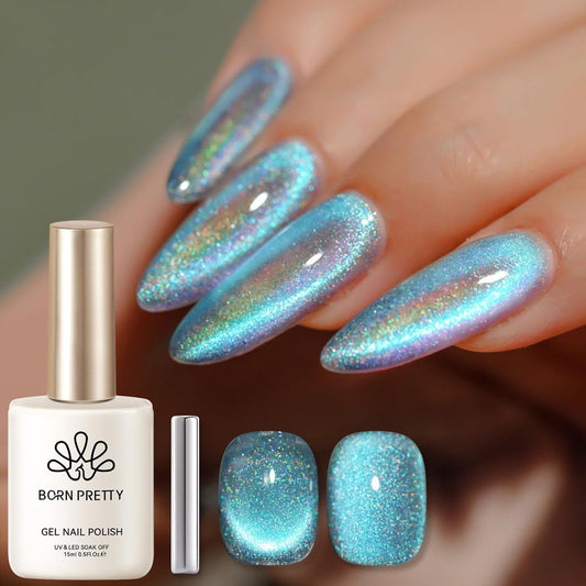 BORN PRETTY Blue Cat Magnetic Eye Gel Nail Polish, Rainbow Holographic Moonlight Glass Magnetic Gel Nail Polish 15ML