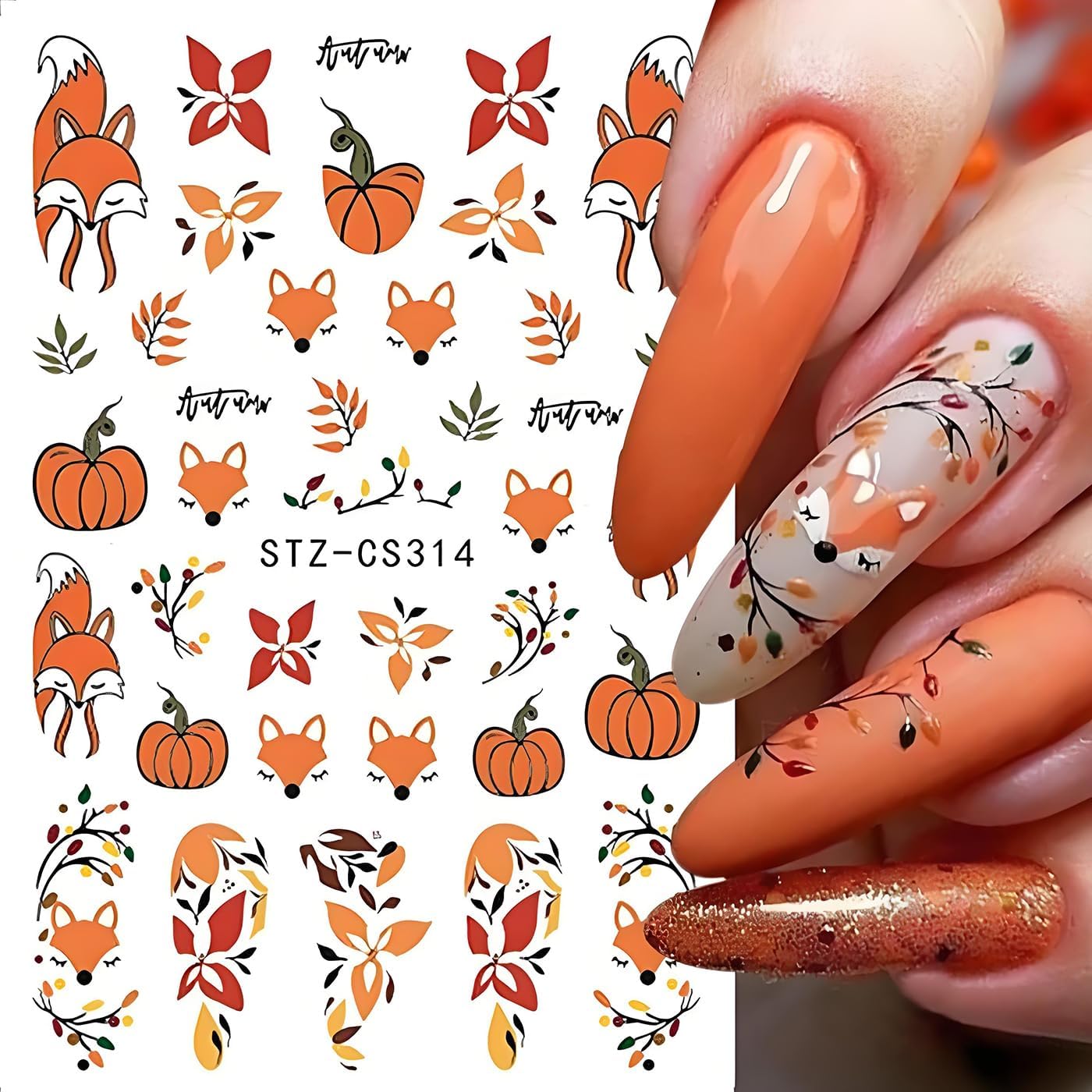 Fall Nail Art Stickers, Cute Fox Nail Art Decals 3D Self-Adhesive Maple Leaves Pumpkin Bow Nails Stickers Fall Blossom Flowers Nail Design 8Pcs Nail Art Supplies for Women Nail Decoration