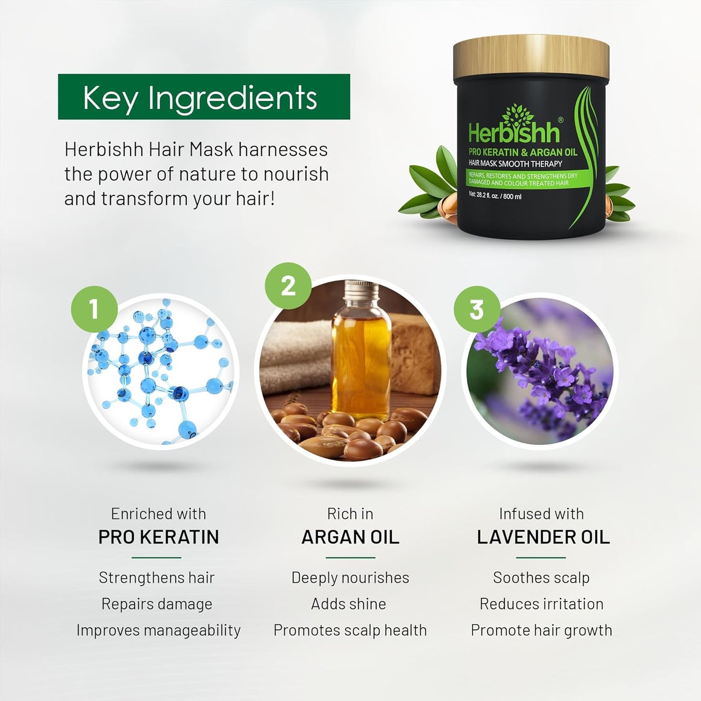 Herbishh Argan Hair Mask-Deep Conditioning & Hydration For Healthier Looking Hair- for very Dry, Weak, Stressed Out Hair, No Sulphates, No Parabens (800ML)