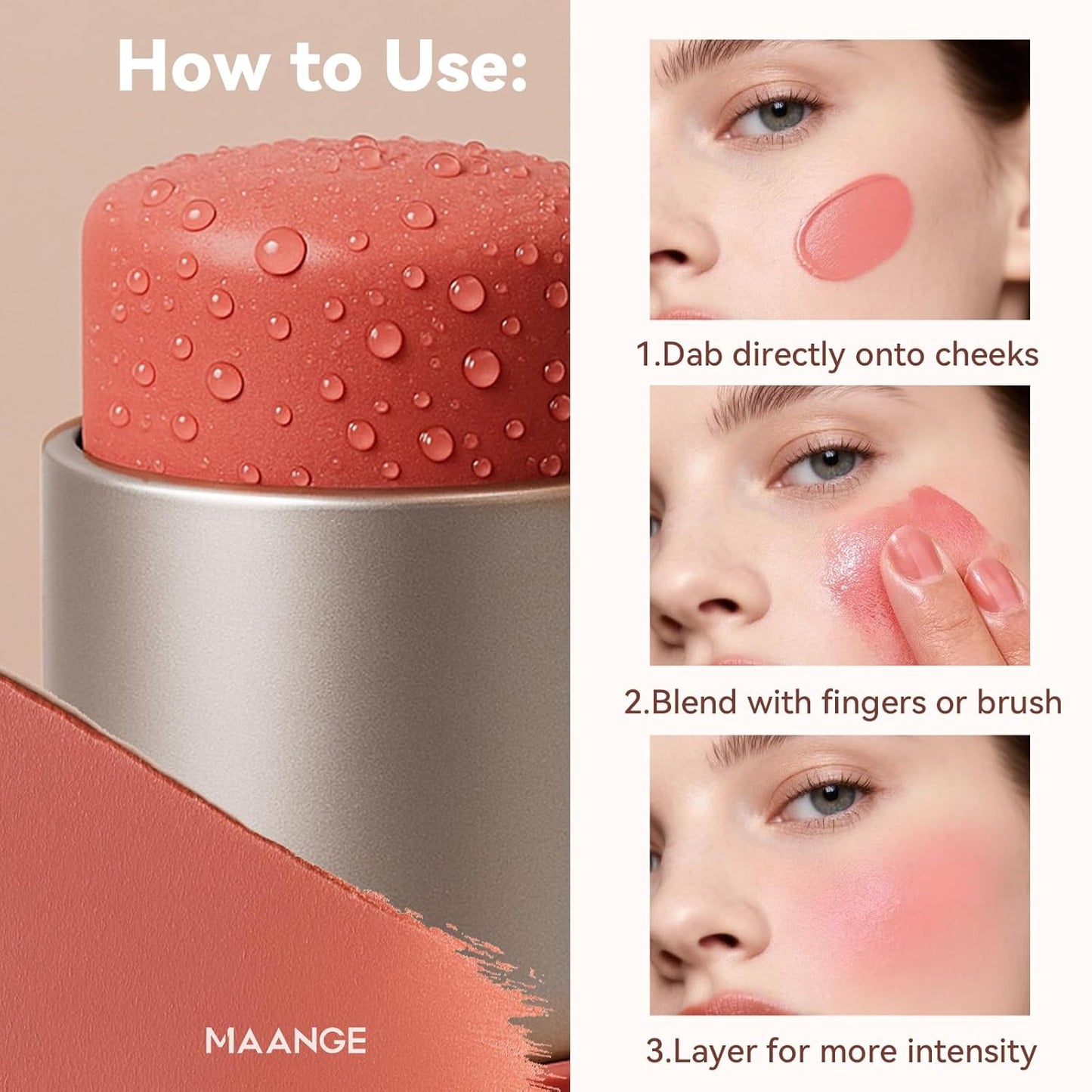 MAANGE Multi-Use Blush Stick, All-in-One Cream Blush for Cheeks, Eyes & Lips Long-Wearing, Blendable Makeup Blush Stick, Creamy & Buildable (C101+R101)