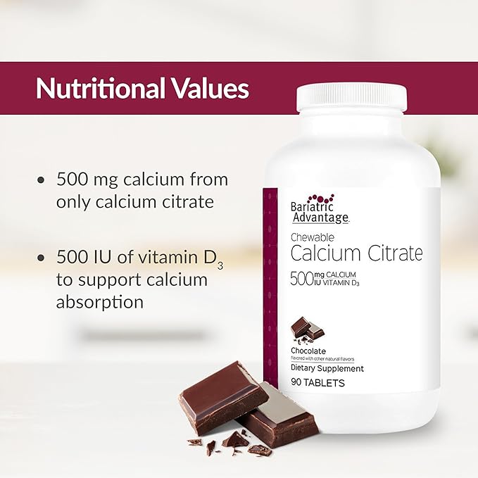 Bariatric Advantage Calcium Citrate Chewable 500 mg - for Bariatric Surgery Patients - High-Potency, Easy-Digest Tablets - Calcium Citrate - Bone Strength Supplements* - 90 Count - Chocolate