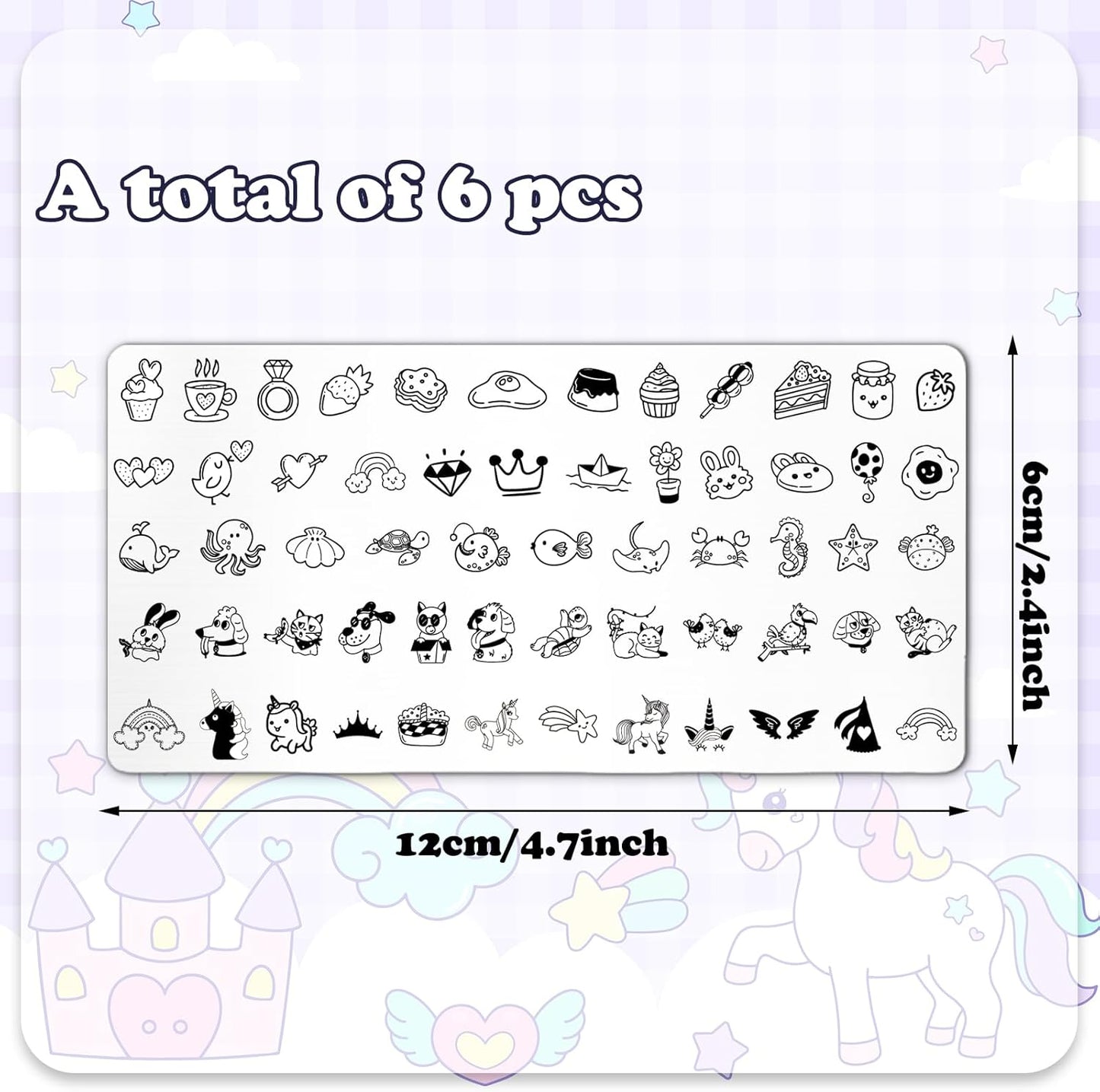 Whaline 6Pcs Kids Nail Plates Stamping Set Cute Animal Floral Dessert Stamp Templates Nail Art Plates for DIY Print Manicure Salon Design