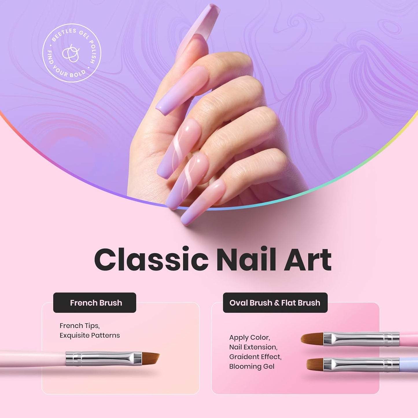 Beetles Nail Art Brushes, 6pcs Nail Art Tool Set, Nail Double-headed Dotting Tools, Striping Nail Art Brushes for Long/Short Lines, Nail Drawing Pen with Nail Brush Holder&Palette For Nail Design