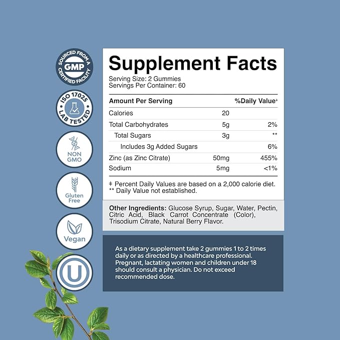 Extra Strength Zinc Gummies for Adults - Chewable Zinc Citrate 50mg Immunity Gummies for Adults - Kosher Halal Gluten and Gelatin Free Non-GMO Nut Free Great Tasting Zinc Gummies Adult Formula