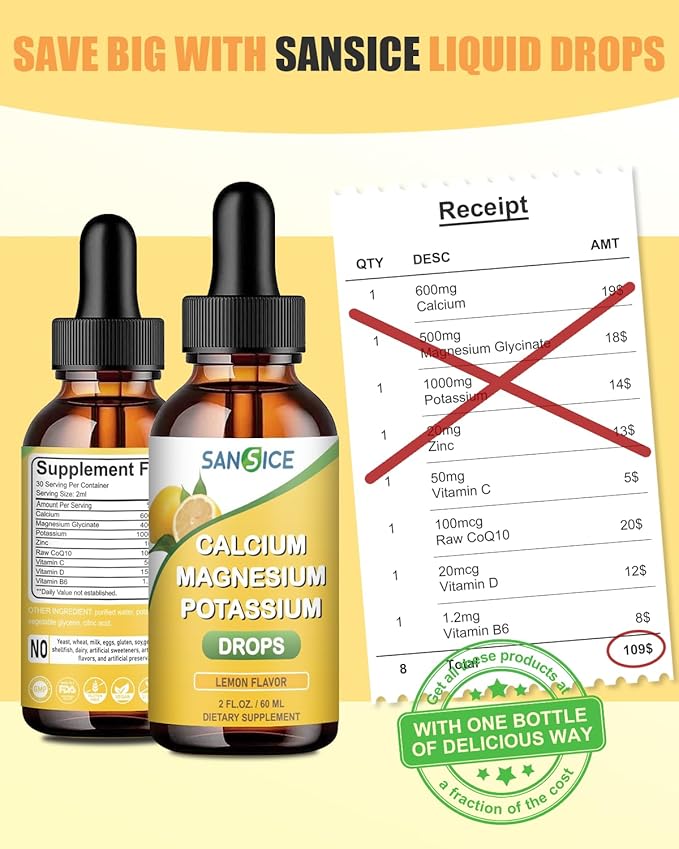 Calcium Magnesium Potassium Supplement Liquid,400mg Magnesium Glycinate,600mg Calcium Magnesium Drop Supplement with Vitamin D and Zinc (60ml/Lemon Flavor)