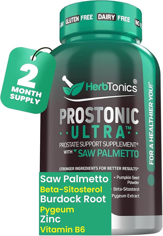 Herbtonics Prostate Support Supplement for Men's Health - Saw Palmetto & Beta Sitosterol Formula with Pumpkin Seed Oil - Promotes Prostate Health & Less Urination - DHT Blocker for Hair - 120 Capsules
