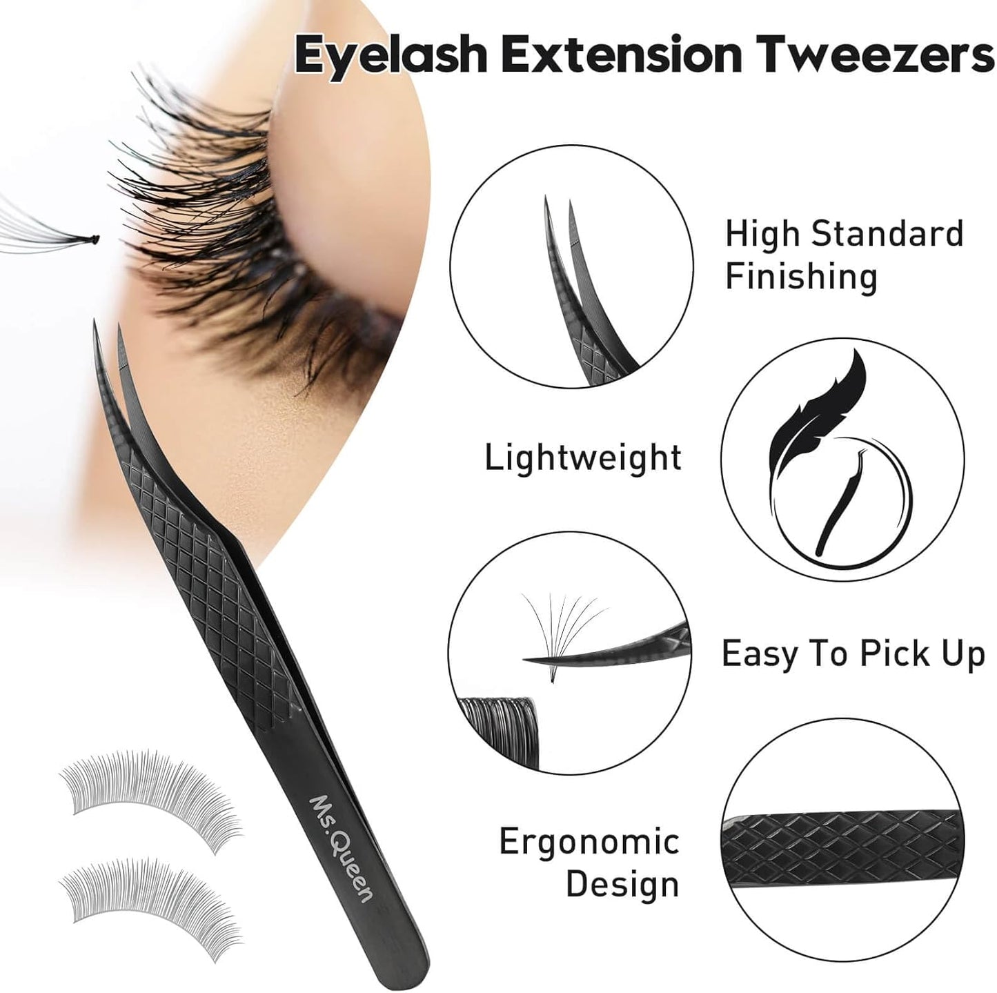 Ms.Queen Isolation Tweezers for Eyelash Extensions, Fiber Grip Dolphin Shape Lash Tweezers for Classic & Individual Eyelash Extensions,Black