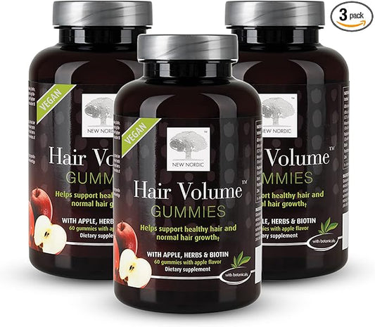NEW NORDIC Hair Volume Gummies, 2500 mcg Biotin Daily Intake, Hair Vitamins to Support Hair Skin & Nails, Vegan Hair Supplement for Men and Women, 60 Count (Pack of 3)