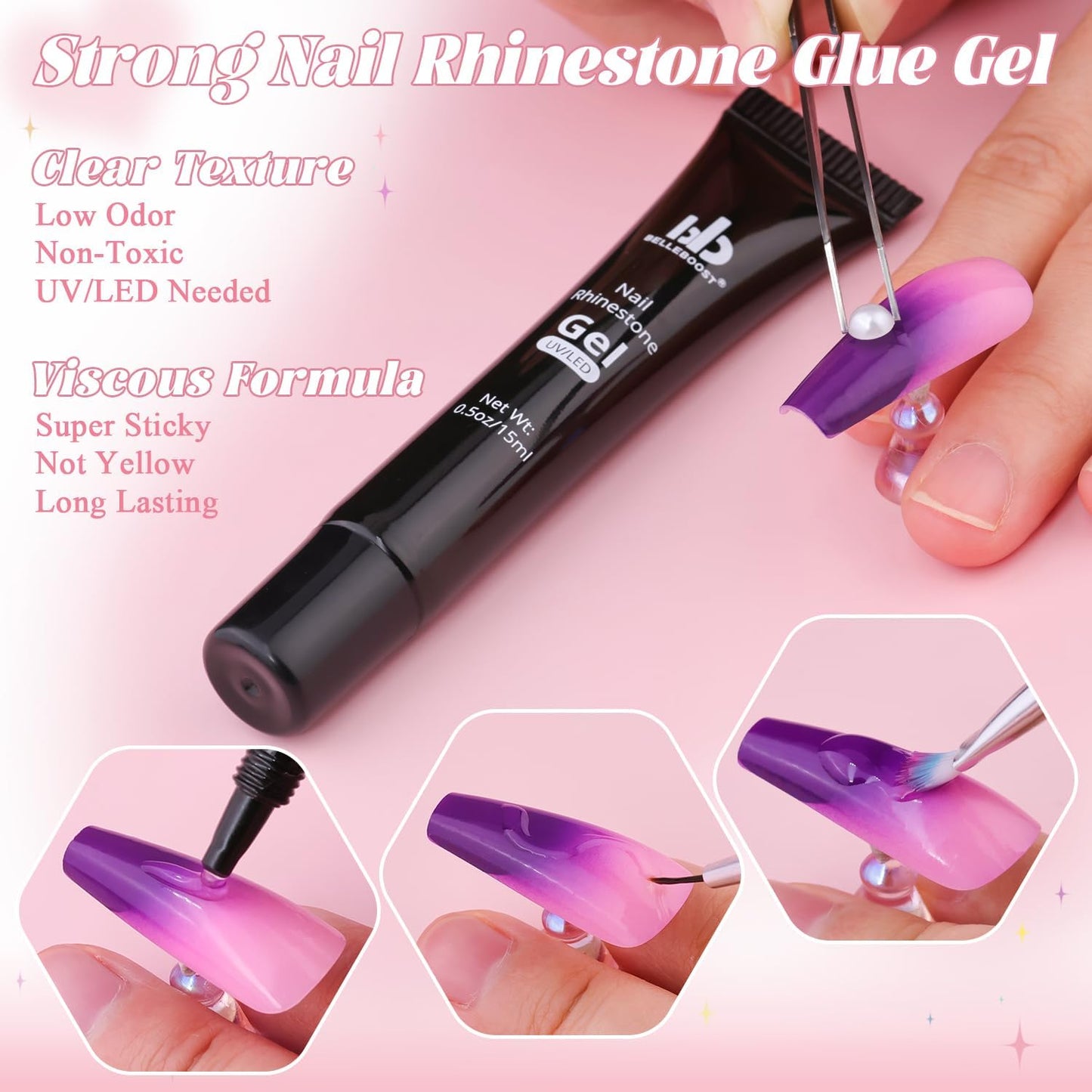 Luxurious Flatback Pearls (White) & Metal Nail Beads (Silver) with Rhinestones Glue Gel for Acrylic Nail Tips Manicure Decor