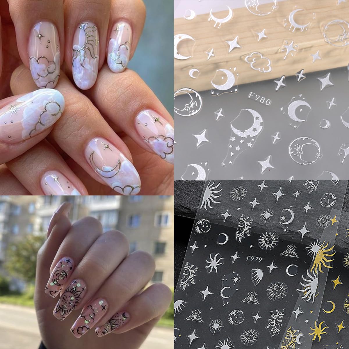 8 Sheets Metallic Nail Art Stickers Decals Silver Moon Star Sun Nail Stickers Eye Snake Nail Decals 3D Self-Adhesive Luxury Nail Art Design Stickers for Women Girls DIY Manicure Decoration Accessories